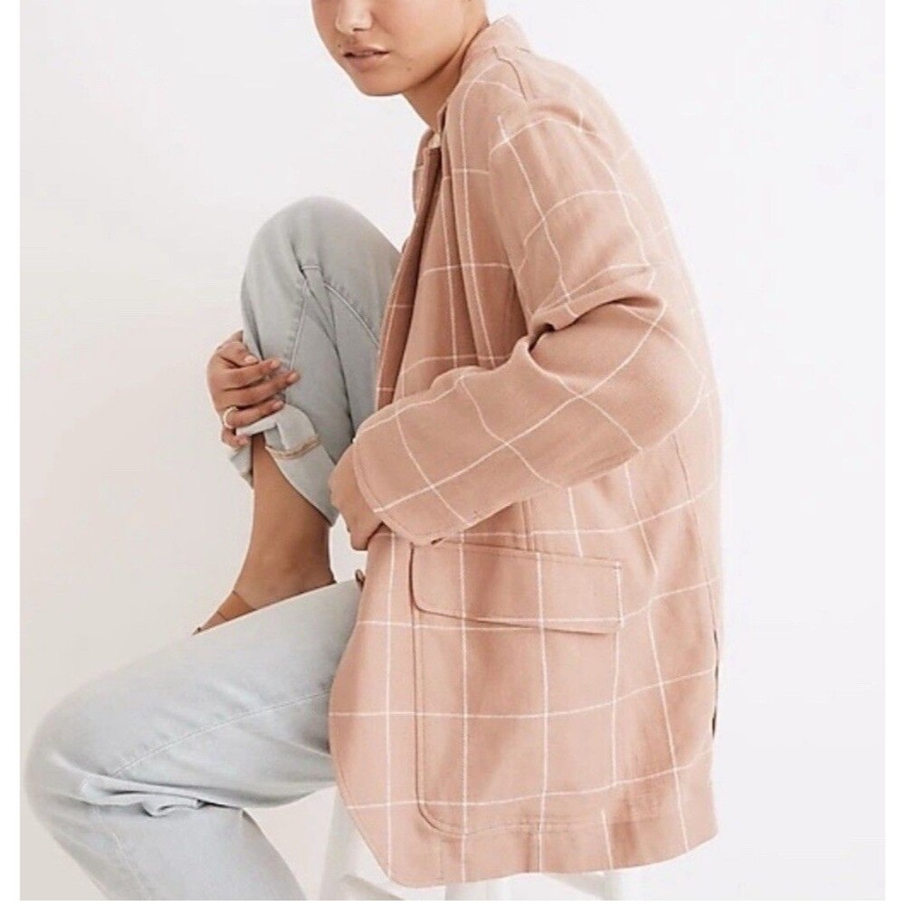 Madewell Breezewoven Larsen blazer‎ Womens Medium Linen Blend Pink Windowpane